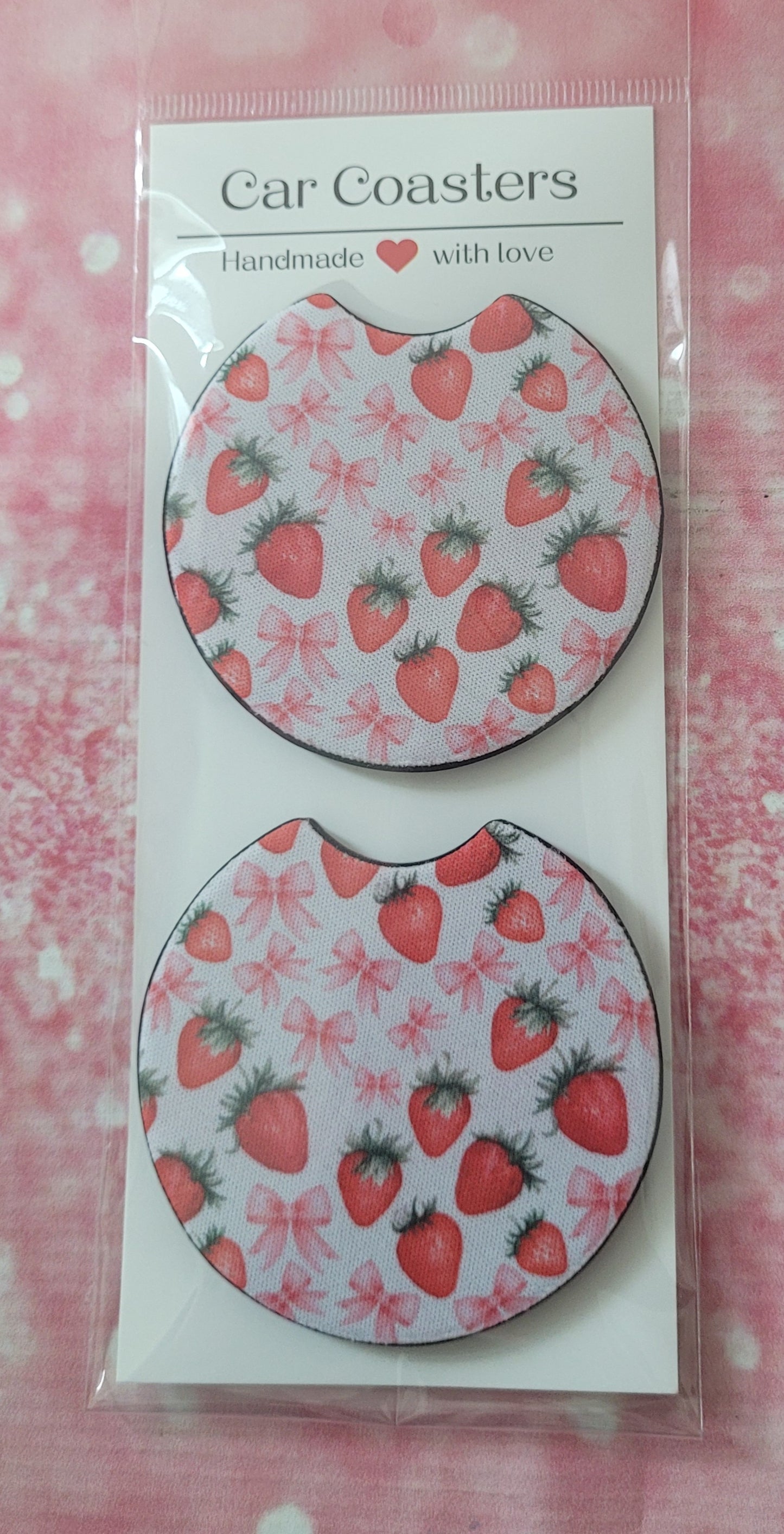 Strawberry Coquette Bow Car Coaster Set