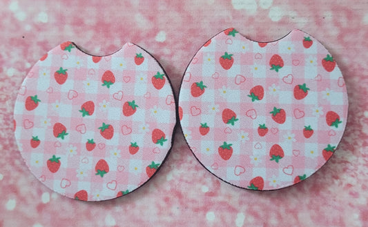 Daisy Strawberry Gingham Car Coaster Set
