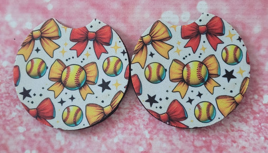 Softball Coquette Bow Car Coaster Set