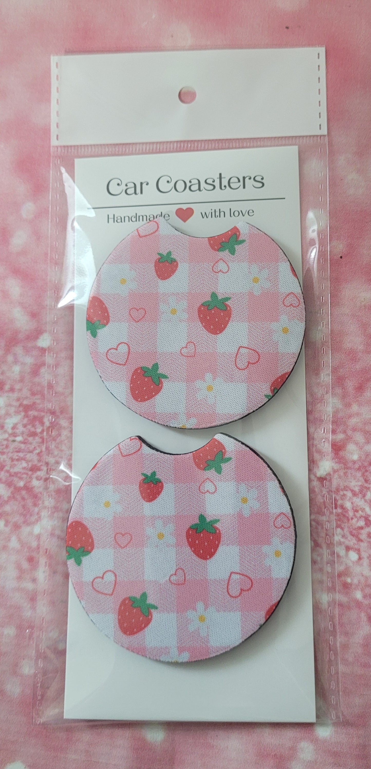 Daisy Gingham Strawberry Car Coaster Set