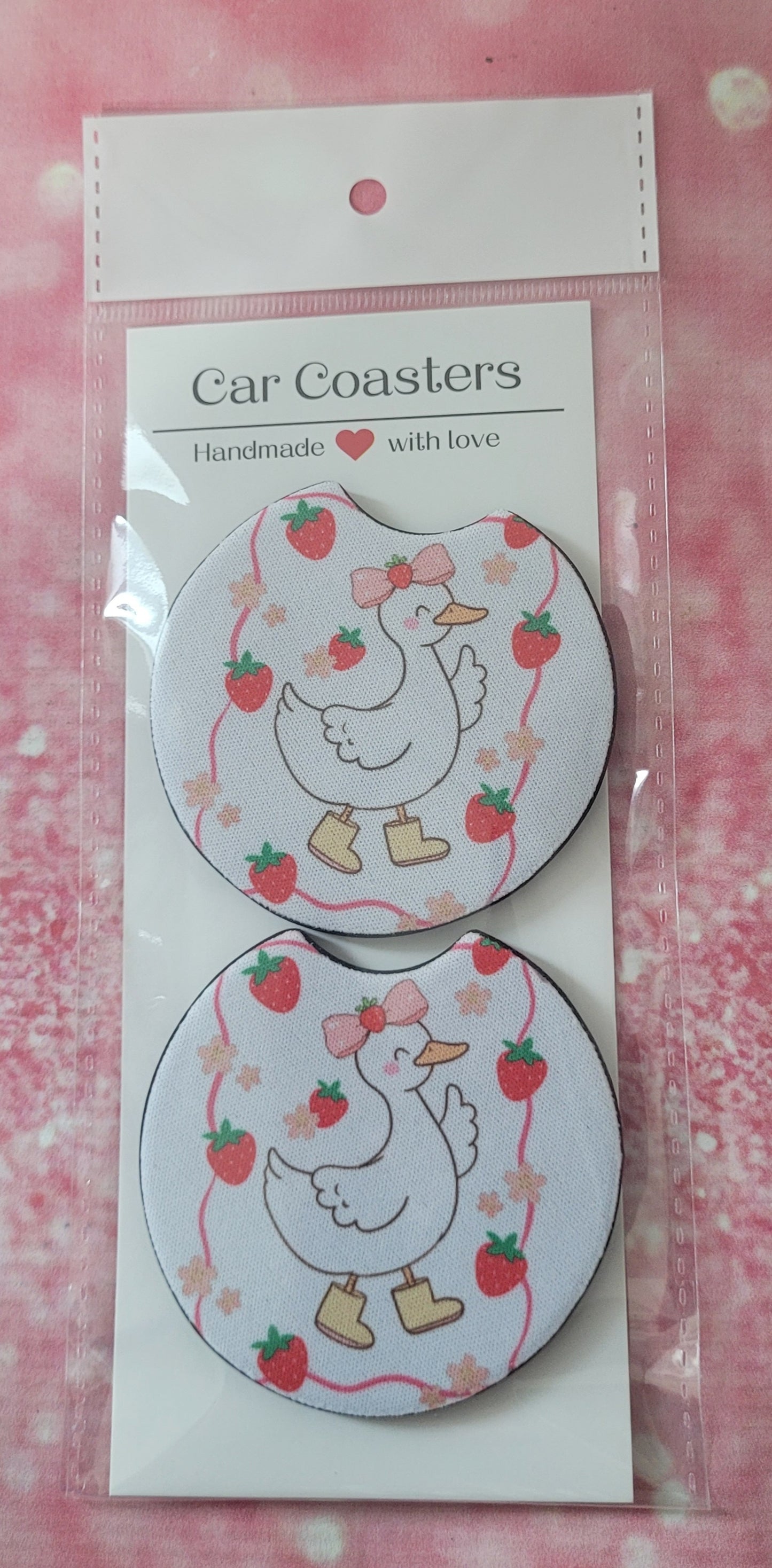 Silly Goose Strawberry Coquette Bow Car Coaster Set
