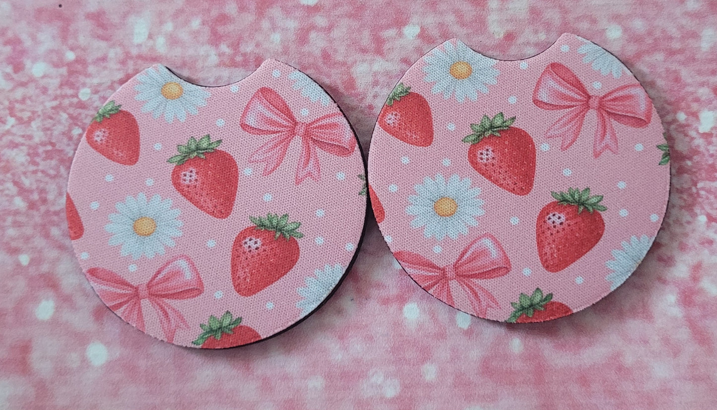 Strawberry Daisy Coquette Bow Car Coaster Set