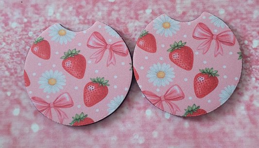 Strawberry Daisy Coquette Bow Car Coaster Set