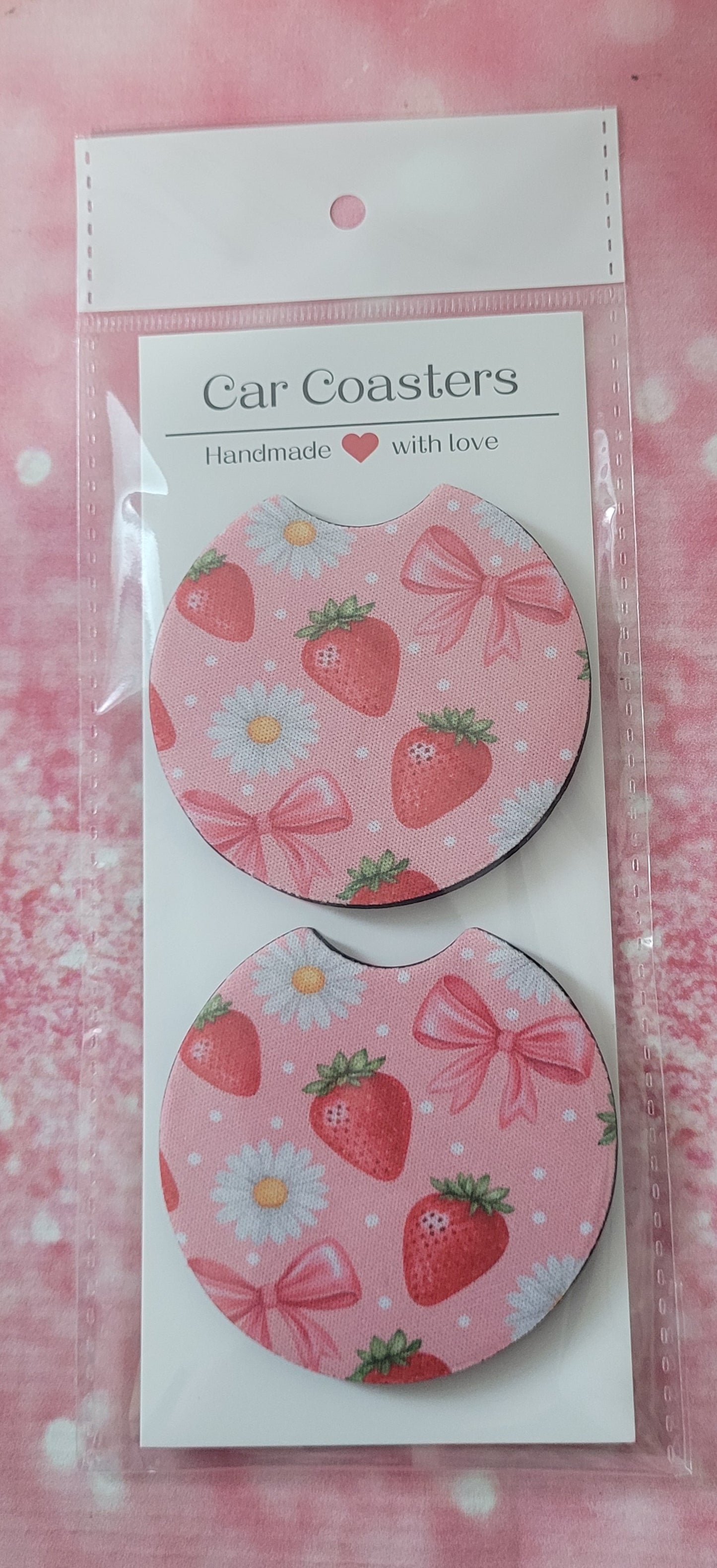 Strawberry Daisy Coquette Bow Car Coaster Set