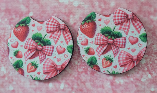 Strawberry Gingham Coquette Bow Car Coaster Set