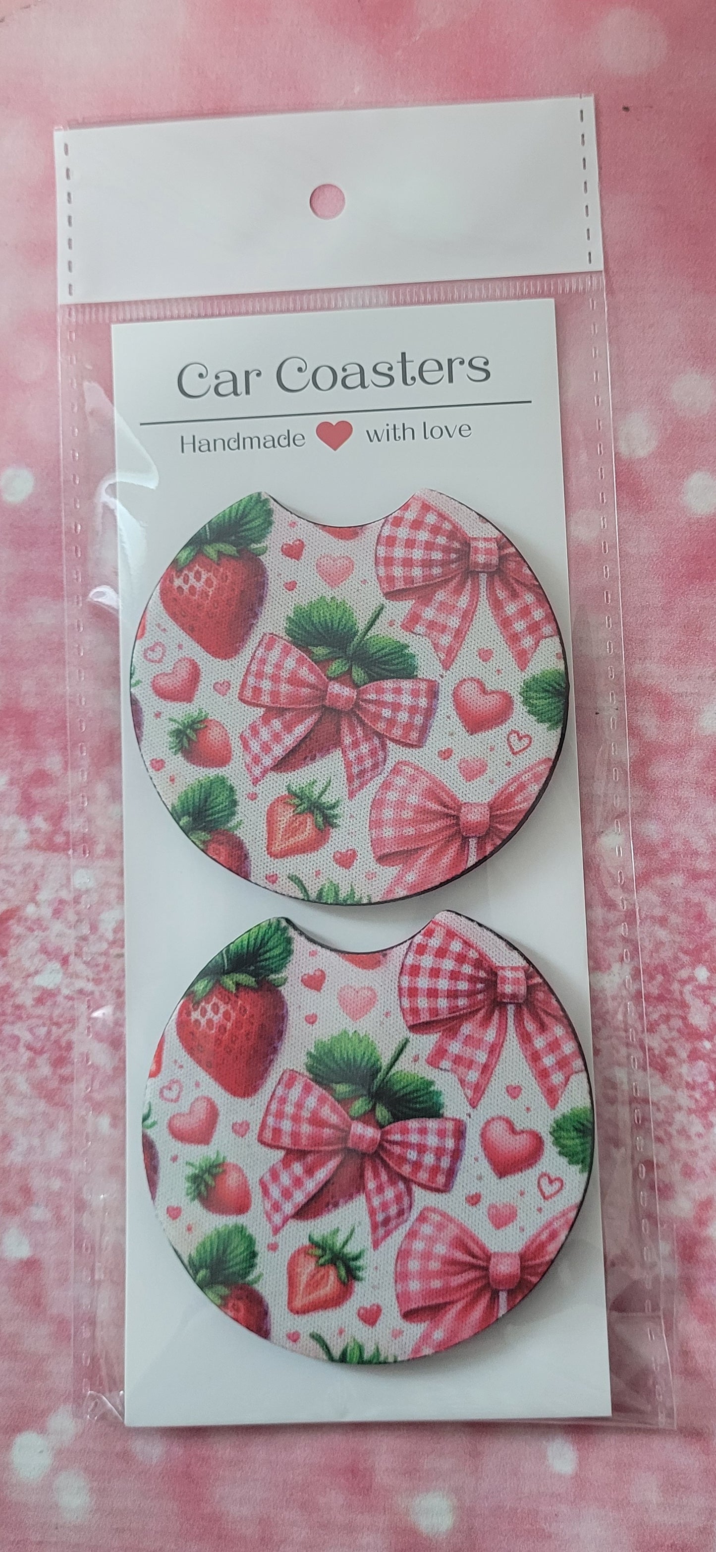 Strawberry Gingham Coquette Bow Car Coaster Set