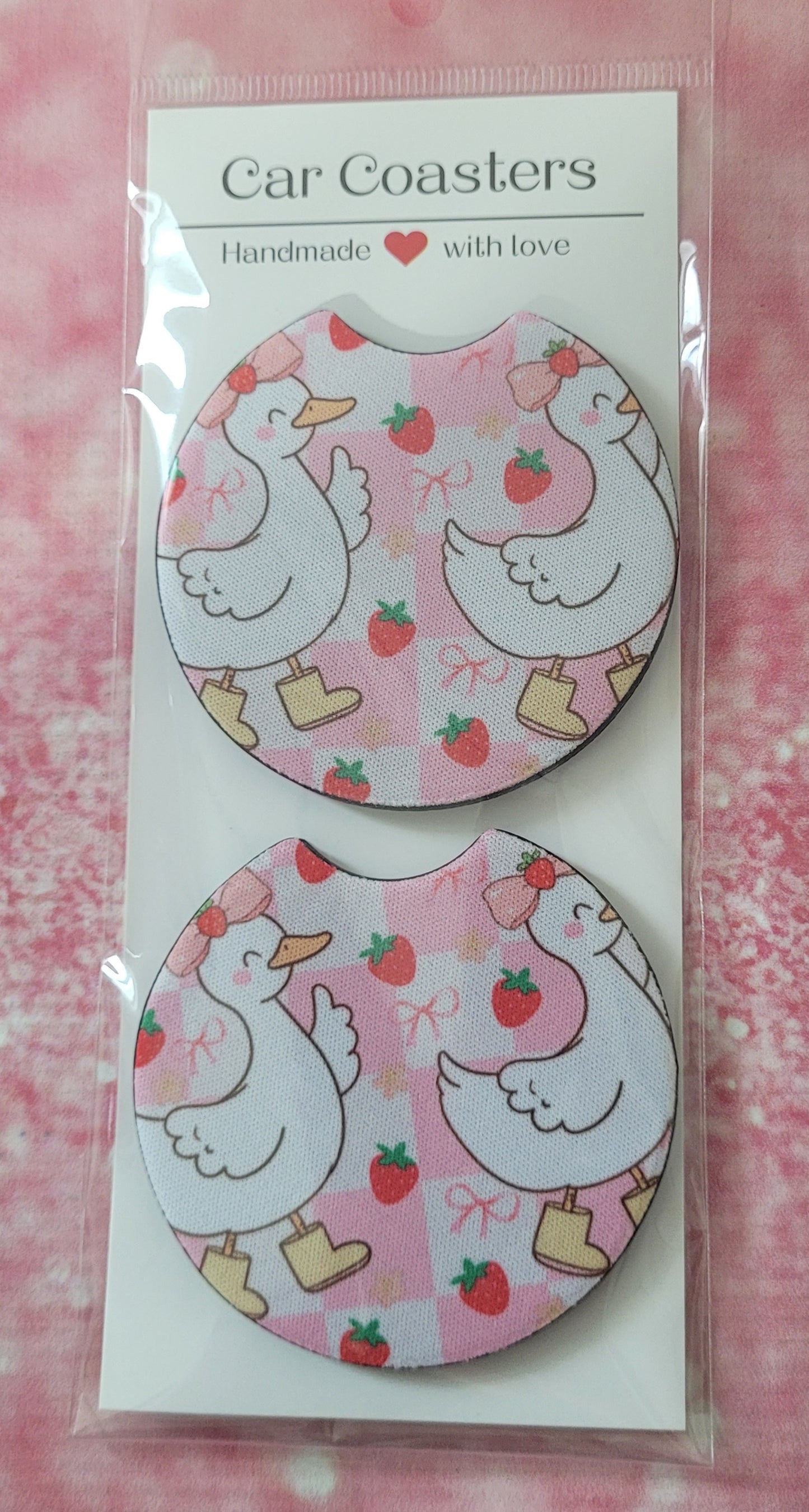 Silly Goose Strawberry Coquette Bow Car Coaster Set
