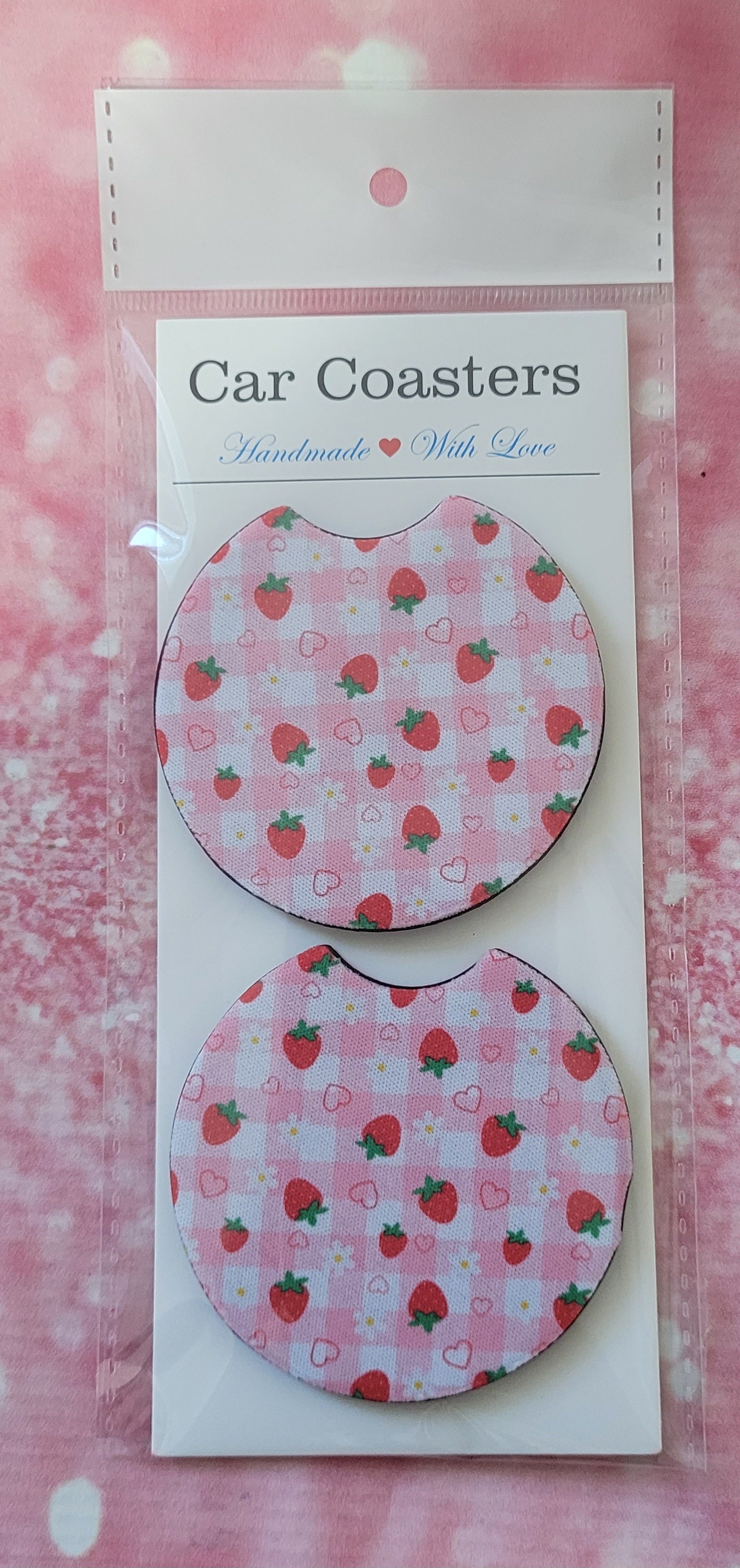 Daisy Strawberry Gingham Car Coaster Set