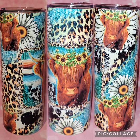 C145 Highland Cow With Flowers 20oz Tumbler
