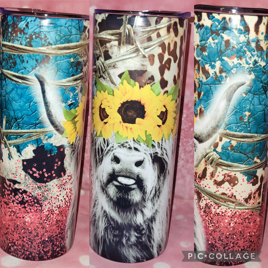 C32 Black and White Highland Cow 20oz Tumbler