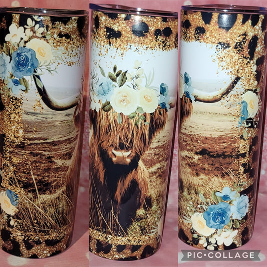 C34 Blue Flower Highland Cow 20oz Tumbler