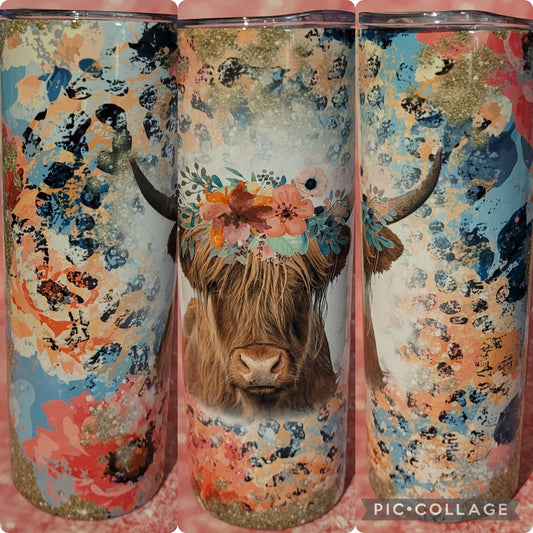 C104 Floral Highland Cow Tumbler