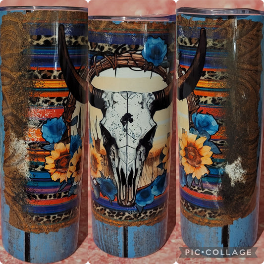 C113 Floral Stripe Bullskull 20oz Tumbler