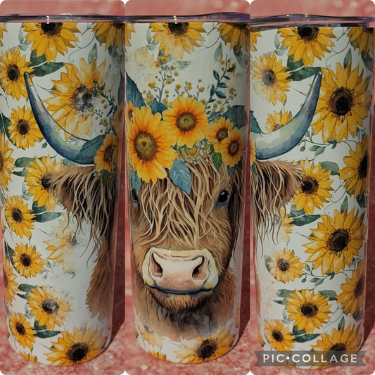 C277 White Sunflower Highland Cow 20oz Tumbler