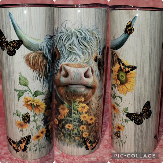C249 Sunflower Butterfly Highland Cow 20oz Tumbler